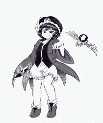 Rule 34 | 1other, androgynous, chikafumikou, closed mouth, coat, collared shirt, commentary request, frilled hat, frilled shorts, frills, full body, greyscale, hand up, hat, highres, len&#039;en, long sleeves, monochrome, open clothes, open coat, open collar, other focus, shirt, shitodo kuroji, shoes, short hair, shorts, simple background, smile, solo, white background