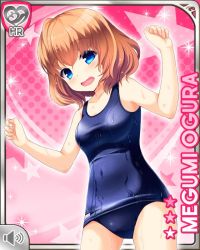 Rule 34 | 1girl, blonde hair, blue eyes, breasts, card (medium), character name, competition swimsuit, girlfriend (kari), nervous, official art, ogura megumi, one-piece swimsuit, open mouth, pink background, qp:flapper, small breasts, swimsuit, tagme, wet