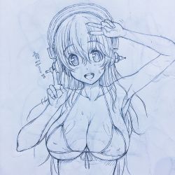 Rule 34 | 1girl, bikini, bikini top only, blush, breasts, cleavage, double v, headphones, highres, large breasts, long hair, looking at viewer, monochrome, nitroplus, open mouth, simple background, sketch, smile, solo, super sonico, swimsuit, tsuji santa, upper body, v, white background