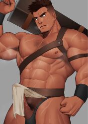 Rule 34 | 1boy, abs, armpit hair, armpits, bara, bulge, chest harness, clenched hand, clothes lift, cowboy shot, dark-skinned male, dark skin, erection, erection under clothes, facial hair, goatee, greatsword, harness, highres, holding, holding sword, holding weapon, kansuke (kansuke 717), large pectorals, male focus, male pubic hair, muscular, muscular male, nipples, original, pectorals, pelvic curtain, pelvic curtain lift, penis, penis out, penis peek, pubic hair, scar, scars all over, solo, sparse chest hair, standing, sword, thick eyebrows, thick thighs, thighs, too many, scars all over, tsurime, undercut, weapon