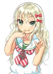 Rule 34 | 1girl, :q, blonde hair, dress, finger to mouth, grecale (kancolle), green eyes, hair ribbon, kantai collection, long hair, mitsuyo (mituyo324), ribbon, sailor collar, sailor dress, simple background, sleeveless, solo, striped neckwear, tongue, tongue out, upper body, white background