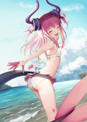 Rule 34 | 1girl, :d, ^ ^, ass, bikini, blush, closed eyes, cloud, cloudy sky, day, dragon girl, dragon horns, dragon tail, elizabeth bathory (fate), elizabeth bathory (fate/extra ccc), facing viewer, fate (series), flat chest, horns, leaning forward, long hair, ocean, official alternate costume, open mouth, outdoors, outstretched arms, pink hair, pointy ears, scrunchie, sky, smile, solo, standing, sunga2usagi, swimsuit, tail, water, white bikini, wrist scrunchie