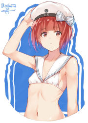 Rule 34 | 10s, 1girl, arm at side, arm up, artist name, bare arms, bare shoulders, beret, bikini, bikini top only, blue background, blunt bangs, blush, bow, breasts, character name, closed mouth, clothes writing, collarbone, eyebrows, hand on headwear, hat, hat bow, isshiki (ffmania7), kantai collection, navel, red eyes, red hair, sailor bikini, sailor collar, short hair, signature, sketch, small breasts, smiley face, solo, stomach, striped, striped bow, swimsuit, twitter username, upper body, white bikini, white hat, z3 max schultz (kancolle)