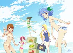 Rule 34 | 5girls, :d, anime coloring, ass, barefoot, bikini, blonde hair, blue eyes, blue hair, box, brown eyes, brown hair, cardboard box, glasses, hair bobbles, hair ornament, highres, long hair, looking at viewer, low-tied long hair, multiple girls, navel, nicca (kid nicca), ocean, one-piece swimsuit, open mouth, original, outstretched arms, red eyes, red hair, school swimsuit, short hair, smile, spread arms, swimsuit, v, water