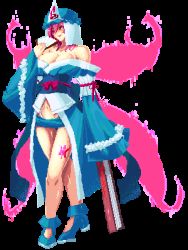Rule 34 | 1girl, breasts, cleavage, hand fan, female focus, full body, hat, high heels, large breasts, lowres, off shoulder, pixel art, saigyouji yuyuko, shoes, solo, standing, touhou, transparent background, yoshimoto (dear life)