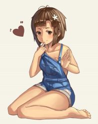 Rule 34 | 1girl, aozarigani, bad id, bad nicoseiga id, bare legs, barefoot, blunt bangs, blush, brown eyes, brown hair, collarbone, finger to mouth, heart, naked overalls, original, overalls, short hair, sitting, smile, solo, wariza