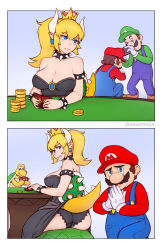 Rule 34 | 1girl, 2boys, 2koma, armlet, ass, bare shoulders, black dress, black panties, blonde hair, blouse, blue eyes, blue overalls, borrowed character, bowsette, bracelet, breasts, brothers, card, cellphone, cleavage, clenched teeth, coin, collar, comic, creature, crown, crying, crying with eyes open, dress, earrings, facial hair, fang, from behind, gloves, grand prix richmond crackstyle (meme), green hat, green shirt, green sweater, hair between eyes, hat, high ponytail, horns, inconvenient tail, jewelry, kneeling, koopa troopa, large breasts, lifted by tail, long hair, looking back, luigi, mario, mario (series), meme, multiple boys, mustache, nail polish, new super mario bros. u deluxe, nintendo, no bra, on one knee, one eye closed, overalls, panties, pantyshot, parody, phone, playing card, pointy ears, ponytail, real life, red headwear, red sweater, sharp teeth, shell, shirt, siblings, sitting, smartphone, spiked armlet, spiked bracelet, spiked collar, spikes, strapless, strapless dress, studded bracelet, studded collar, super crown, sweater, table, tail, tears, teeth, turtle, underwear, unsomnus, wardrobe malfunction