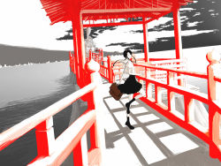 Rule 34 | 1girl, ^ ^, architecture, bag, black socks, bridge, closed eyes, day, east asian architecture, emukami, from side, holding, holding bag, outdoors, school uniform, serafuku, socks, solo, standing, standing on one leg, water