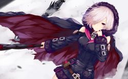 Rule 34 | 1girl, absurdres, bare shoulders, belt, blush, breasts, cape, choker, detached sleeves, floating hair, fur trim, hair over one eye, highres, holding, holding staff, holding weapon, hood, hood up, hoodie, large breasts, long sleeves, looking at viewer, parted lips, pouch, shadowverse, shingeki no bahamut, short hair, sidelocks, silver hair, smile, solo, staff, thighhighs, vial, weapon, wind, wizardess of oz, yamato (muchuu paradigm)