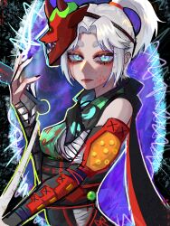 Rule 34 | 1girl, animification, apex legends, black gloves, black scarf, blue eyes, breasts, chest sarashi, chinese commentary, demon&#039;s whisper wraith, elbow gloves, eyeshadow, gloves, grey hair, hair behind ear, highres, holding, holding knife, knife, looking at viewer, makeup, mask, mask on head, oni mask, ponytail, portal (object), red eyeshadow, san chuo chuan, sarashi, scarf, small breasts, solo, thick eyebrows, hope&#039;s dusk (apex legends), wraith (apex legends)