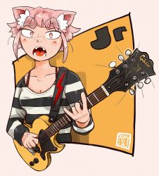 Rule 34 | 1girl, animal ears, breasts, cat ears, cleavage, electric guitar, eyebrows, fangs, gibson, guitar, instrument, open mouth, original, pink eyes, pink hair, playing instrument, plectrum, san mamiya, short hair, small breasts, solo, striped, thick eyebrows