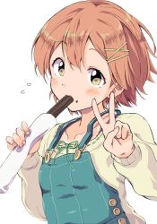 Rule 34 | 1girl, blush, churro, eating, food, food on face, hair ornament, hairclip, highres, holding, holding food, hoshizora rin, long sleeves, looking at viewer, love live!, love live! school idol project, orange hair, overalls, sen (sen0910), short hair, simple background, solo, sweater, upper body, v, white background, yellow eyes, yellow sweater