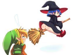 Rule 34 | !, 1boy, 1girl, anus, blonde hair, blue eyes, blue hair, blush, broom, broom riding, cleft of venus, cloak, earrings, hat, irene (zelda), jewelry, link, making-of available, mato spectoru, nintendo, no panties, pointy ears, pointy footwear, pussy, shoes, short hair, sweatdrop, the legend of zelda, the legend of zelda: a link between worlds, uncensored, upskirt, witch hat