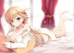 Rule 34 | 1girl, araragi ayune, blonde hair, blue eyes, braid, breasts, cleavage, collarbone, collared shirt, feet, full body, indoors, large breasts, looking at viewer, lying, naked shirt, off shoulder, on bed, on stomach, original, pillow, red curtains, rinna milford, shirt, solo, the pose, unbuttoned, unbuttoned shirt, white shirt, window