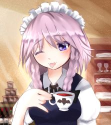 Rule 34 | 1girl, ;p, blue eyes, braid, cup, drink, female focus, highres, izayoi sakuya, one eye closed, pinky up, shromann, silver hair, solo, tea, teacup, tongue, tongue out, touhou, upper body, wink
