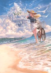 Rule 34 | 1girl, arm up, bare legs, beach, bicycle basket, bird, blonde hair, breasts, brown eyes, cityscape, closed mouth, cloud, collared shirt, day, dutch angle, fantasy, floating city, flower, full body, hat, hat flower, highres, horizon, lighthouse, long hair, looking to the side, medium breasts, medium skirt, original, sand, santa costume, scenery, seagull, shirt, shore, sidelocks, skirt, sleeves pushed up, smile, standing, straight hair, sunflower, white skirt, wide shot, wing collar, you shimizu