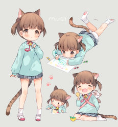 Rule 34 | 1girl, :o, ^ ^, absurdres, animal ears, arm at side, babywearing, bell, bloomers, blue shirt, bobby socks, bow, brown eyes, brown hair, cat ears, cat girl, cat tail, character name, chibi, child, child&#039;s drawing, choker, closed eyes, collared shirt, crayon, drawing, eating, facing viewer, fang, food, grey skirt, happy, highres, holding, holding crayon, holding spoon, jingle bell, kindergarten uniform, leaf, leg up, long sleeves, looking afar, looking away, looking down, lying, multiple views, no shoes, on stomach, open mouth, original, paper, paw print, pink ribbon, pinky out, plaid, plaid skirt, playing games, pleated skirt, print legwear, pudding, ribbon, ribbon choker, senmen kinuko, shirt, shoes, simple background, sitting, skirt, sleeves past wrists, socks, spoon, spread legs, standing, striped, stuffed animal, stuffed cat, stuffed toy, tail, twintails, underwear, uwabaki, wariza, white socks