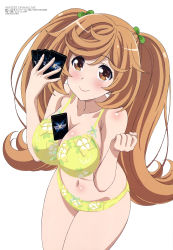Rule 34 | 1girl, absurdres, between breasts, bra, breasts, brown hair, card, cleavage, clenched hand, closed mouth, floral print, hair ribbon, highres, holding, holding card, komori atsushi, large breasts, legs together, long hair, looking at viewer, megami magazine, navel, official art, onko akino, panties, print bra, print panties, ribbon, scan, simple background, smile, solo, standing, twintails, underwear, white background, wixoss, wixoss diva(a)live, yellow bra, yellow panties