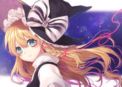 Rule 34 | 1girl, alternate eye color, aqua eyes, black hat, blonde hair, blue background, blurry, blurry background, blush, bokeh, border, bow, braid, closed mouth, commentary request, depth of field, expressionless, floating hair, frills, hair between eyes, hair ribbon, hat, kirisame marisa, kyouda suzuka, lens flare, long hair, looking at viewer, multicolored bow, partial commentary, puffy sleeves, red ribbon, ribbon, shirt, simple background, single braid, solo, striped, striped bow, touhou, turtleneck, upper body, white shirt, witch hat