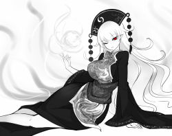 Rule 34 | 1girl, breasts, chinese clothes, dress, energy, energy ball, greyscale, hand up, hat, hip focus, junko (touhou), large breasts, legs, long hair, long sleeves, looking at viewer, monochrome, multiple tails, obi, one eye closed, parted lips, pointy ears, raptor7, red eyes, ribbon, sash, side slit, sitting, solo, spot color, tabard, tail, touhou, very long hair, wide sleeves, yokozuwari