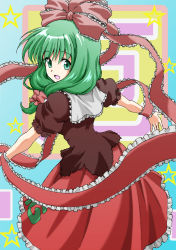 Rule 34 | 1girl, absurdres, beluo77, bow, dress, frills, front ponytail, green eyes, green hair, hair bow, hair ribbon, highres, kagiyama hina, long hair, looking back, matching hair/eyes, open mouth, outstretched arms, ribbon, smile, solo, touhou