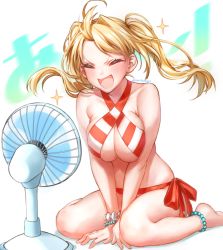 Rule 34 | 1girl, :d, ^ ^, ahoge, anklet, bare arms, bare legs, bare shoulders, barefoot, between legs, bikini, blonde hair, blush, bracelet, breasts, breasts squeezed together, cleavage, closed eyes, collarbone, criss-cross halter, electric fan, fate/grand order, fate (series), full body, hair intakes, halterneck, hand between legs, jewelry, large breasts, long hair, nero claudius (fate), nero claudius (fate) (all), nero claudius (swimsuit caster) (fate), open mouth, red bikini, red ribbon, ribbon, side-tie bikini bottom, sitting, smile, solo, sparkle, striped bikini, striped clothes, swimsuit, text background, translation request, twintails, twitter username, v-shaped eyebrows, wariza, white background, yayoi maka