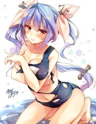 Rule 34 | 1girl, :&gt;, blue hair, gradient hair, i-19 (kancolle), kantai collection, long hair, looking at viewer, multicolored hair, one-hour drawing challenge, one-piece swimsuit, pink hair, red eyes, school swimsuit, signature, solo, swimsuit, toosaka asagi, torn clothes, torn swimsuit, twintails