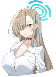Rule 34 | 1girl, absurdres, asuna (blue archive), blonde hair, blue archive, blue eyes, blue ribbon, blush, breasts, choker, cleavage, commentary, hair over one eye, hair ribbon, highres, large breasts, long hair, looking at viewer, mzrz, ribbon, shirt, simple background, smile, solo, upper body, very long hair, white background, white shirt