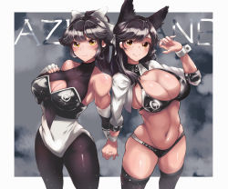 Rule 34 | 2girls, absurdres, animal ears, atago (azur lane), atago (stunning speedster) (azur lane), azur lane, bikini, black bikini, black bodysuit, black hair, black legwear, black leotard, blush, bodysuit, bodysuit under clothes, bow, breast suppress, breasts, cleavage, cleavage cutout, closed mouth, clothing cutout, commentary, copyright name, covered navel, cowboy shot, fingerless gloves, furrowed brow, gloves, hair bow, hair flaps, highres, holding hands, iparupua, jacket, large breasts, leotard, logo, long hair, long sleeves, looking at viewer, mole, mole under eye, multiple girls, navel, nervous smile, official alternate costume, pantyhose, ponytail, race queen, shrug (clothing), side-by-side, sleeveless, smile, standing, stomach, swept bangs, swimsuit, takao (azur lane), takao (full throttle charmer) (azur lane), thighhighs, thighs, toned, two-tone leotard, white bow, white gloves, white jacket, white leotard, wrist cuffs, yellow eyes