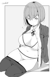 Rule 34 | 1girl, bikini, breasts, closed mouth, clothes pull, greyscale, jacket, kichihachi, large breasts, long sleeves, looking at viewer, monochrome, open clothes, open shirt, original, pantyhose, pantyhose pull, short hair, sitting, solo, swimsuit, twitter username