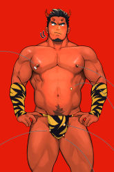 Rule 34 | 1boy, animal print, bara, black eyes, black hair, black male underwear, bulge, cheek bulge, chinese zodiac, colored skin, detached sleeves, eating, facial hair, fangs, feet out of frame, food, goatee, highres, horns, large pectorals, loincloth, male focus, male underwear, monster boy, motion lines, multiple horns, muscular, muscular male, navel, navel hair, nipples, original, pectorals, print male underwear, red skin, short hair, sideburns, skin-covered horns, solo, spiked hair, stomach, tarutoru, teasing, thick eyebrows, thick thighs, thighs, tiger print, topless male, undercut, underwear, underwear only, year of the tiger, yellow male underwear