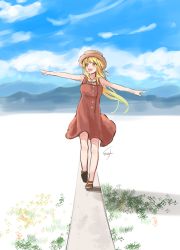 Rule 34 | 1girl, :d, absurdres, balancing, bang dream!, bare arms, bare shoulders, blonde hair, brown dress, brown eyes, brown footwear, brown hat, commentary request, day, dress, gurifu, hat, highres, long hair, looking away, looking to the side, open mouth, outdoors, outstretched arms, sandals, signature, sleeveless, sleeveless dress, smile, solo, spread arms, tsurumaki kokoro, very long hair, walking