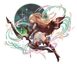 Rule 34 | 10s, 1girl, alpha transparency, arisa (shadowverse), arrow (projectile), belt, blonde hair, bow, bow (weapon), cape, dress, elbow gloves, full body, gloves, granblue fantasy, hair bow, holding, holding weapon, long hair, looking at viewer, minaba hideo, official art, open mouth, quiver, shadowverse, short dress, skirt, sleeveless, smile, solo, sparkle, sword, thighhighs, transparent background, weapon