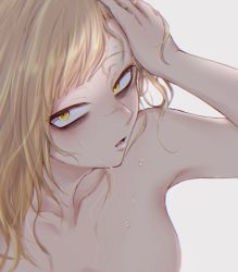 Rule 34 | 1girl, alternate hairstyle, blonde hair, blunt bangs, boku no hero academia, grey background, hair down, long hair, messy hair, nashimo (drz n), nude, slit pupils, solo, toga himiko, topless, yellow eyes