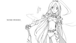Rule 34 | 1girl, akisoba, breasts, character name, greyscale, long hair, medium breasts, monochrome, navel, ragnarok online, rune knight (ragnarok online), simple background, solo, very long hair, white background