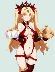 Rule 34 | 1girl, bad id, bad pixiv id, bare shoulders, blonde hair, blush, breasts, center opening, cleavage, closed eyes, closed mouth, commentary request, earrings, elbow gloves, embarrassed, ereshkigal (fate), facing viewer, fate/grand order, fate (series), frills, gloves, grey background, hair ribbon, hat, holding, jewelry, leotard, long hair, medium breasts, navel, parted bangs, red gloves, red leotard, red ribbon, red thighhighs, ribbon, serving dome, simple background, solo, stomach, thigh gap, thigh scrunchie, thighhighs, tiara, two side up, very long hair, wrist cuffs, yostxxx