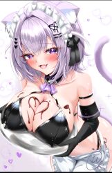 1girl absurdres animal_ear_fluff animal_ears apron bikini black_bikini black_collar black_gloves black_ribbon breasts cat_ears cat_girl cat_tail chocolate chocolate_on_body chocolate_on_breasts cleavage collar fang food_on_body gloves hair_ornament hair_ribbon hairpin heart heart_hair_ornament highres holding holding_plate hololive large_breasts looking_at_viewer maid_headdress medium_hair nekomata_okayu open_mouth plate purple_eyes purple_hair ribbon side-tie_bikini_bottom skin_fang smile swimsuit tail two_side_up uchi1048 virtual_youtuber white_apron white_headdress