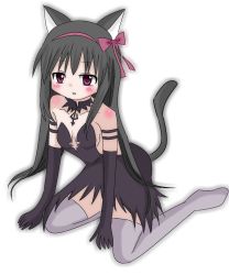 Rule 34 | 10s, 1girl, akemi homura, akuma homura, animal ears, bad id, bad pixiv id, bare shoulders, black gloves, black hair, bow, cat ears, cat tail, choker, dress, elbow gloves, gloves, hair bow, kemonomimi mode, long hair, looking at viewer, mahou shoujo madoka magica, mahou shoujo madoka magica: hangyaku no monogatari, no shoes, purple eyes, seiza, simple background, sitting, solo, tail, thighhighs, white background, zettai ryouiki