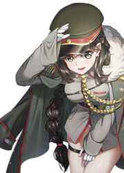 Rule 34 | 1girl, a bao, absurdres, aiguillette, belt, black hair, braid, breasts, brown eyes, brown hat, brown jacket, chinese commentary, fur-trimmed jacket, fur trim, general liu (girls&#039; frontline), girls&#039; frontline, gloves, hat, highres, jacket, large breasts, long hair, looking at viewer, military hat, military uniform, open mouth, panties, peaked cap, simple background, smile, solo, thigh strap, underwear, uniform, very long hair, white background, white gloves, white panties