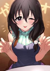 Rule 34 | ;p, black hair, breasts, dress, frilled dress, frills, fujiwara hajime, hair ornament, highres, idolmaster, idolmaster cinderella girls, idolmaster cinderella girls starlight stage, low twintails, one eye closed, paw pose, sketch, sleeveless, solo, tongue, tongue out, twintails, yuzuhota0313