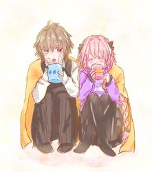 Rule 34 | 2boys, ahoge, astolfo (fate), astolfo (memories at trifas) (fate), bad id, bad twitter id, black legwear, black pants, black ribbon, black skirt, blanket, blowing, blush, braid, brown hair, closed eyes, coffee mug, commentary, couple, crossed legs, cup, drinking, fate/apocrypha, fate (series), h2o (@h2osu5), hair between eyes, hair ornament, hair ribbon, highres, holding, holding cup, hood, hooded jacket, jacket, long braid, long hair, long sleeves, male focus, mug, multicolored hair, multiple boys, no shoes, official alternate costume, open clothes, open jacket, pants, pantyhose, pink hair, purple hair, purple jacket, red eyes, ribbon, sharing, shirt, short hair, side-by-side, sieg (fate), single braid, sitting, skirt, sleeves ov, sleeves past wrists, striped clothes, striped shirt, thighhighs, trap, two-tone hair, very long hair, waistcoat, white shirt, yaoi