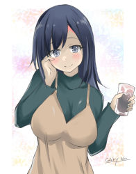Rule 34 | 1girl, black hair, blue eyes, breasts, commentary request, cup, dress, gakky, glass, green dress, green sweater, holding, holding cup, kantai collection, large breasts, long hair, looking at viewer, official alternate costume, official alternate hairstyle, one-hour drawing challenge, solo, souryuu (kancolle), sweater, upper body