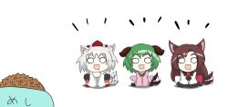 Rule 34 | 0 0, 3girls, animal ears, brooch, brown hair, detached sleeves, pet food, dress, drooling, female focus, frills, green hair, hat, imaizumi kagerou, inubashiri momiji, jewelry, kasodani kyouko, long hair, long sleeves, multiple girls, open mouth, saliva, silver hair, sitting, tail, tail wagging, tokin hat, touhou, toys (pixiv), trait connection, white background, wide sleeves, wolf ears, wolf tail