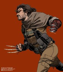 Rule 34 | 1boy, asymmetrical gloves, beard, biscoito reche, boots, brown hair, claw (weapon), combat boots, cosplay, eyepatch, facial hair, gloves, gun, highres, marvel, mechanical arms, metal gear (series), metal gear solid v: the phantom pain, midair, mismatched gloves, prosthesis, prosthetic arm, red background, rifle, running, venom snake, venom snake (cosplay), weapon, wolverine, x-men