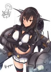 Rule 34 | 10s, 2girls, aged down, alternate costume, alternate headgear, bad id, bad twitter id, black hair, bodysuit, breasts, cannon, chibi, collar, from above, garter straps, hair between eyes, headgear, highres, kantai collection, kuga zankurou, large breasts, long hair, looking at viewer, midriff, miniskirt, multiple girls, mutsu (kancolle), nagato (kancolle), navel, pleated skirt, red eyes, red legwear, rigging, skirt, smile, smokestack, solo focus, striped clothes, striped skirt, thighhighs, translation request, turret, twitter username, watch, white skirt, wristwatch