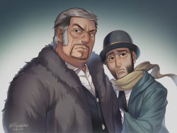 2boys beard black_eyes black_hair black_vest character_request couple expressionless facial_hair foxvulpine fur_jacket golden_kamuy grey_hair hat holding_another&#039;s_arm jacket male_focus multiple_boys necktie old old_man shirt sideburns simple_background stubble sweatdrop upper_body vest white_shirt