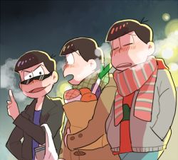 Rule 34 | 10s, 3boys, bad id, bad pixiv id, bag, blue background, breath, brothers, closed eyes, coat, gradient background, groceries, jacket, leather, leather jacket, looking at another, male focus, matsuno choromatsu, matsuno karamatsu, matsuno osomatsu, multiple boys, open clothes, open jacket, osmt328, osomatsu-kun, osomatsu-san, osomatsu (series), scarf, shopping bag, siblings, spring onion, sunglasses, winter clothes, winter coat