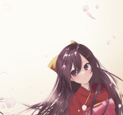 Rule 34 | 1girl, bow, cherry blossoms, commentary request, hair bow, hakama, head tilt, highres, japanese clothes, kamikaze (kancolle), kantai collection, long hair, meiji schoolgirl uniform, mizunototori, one-hour drawing challenge, partial commentary, petals, pink hakama, purple eyes, purple hair, solo, upper body