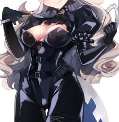 Rule 34 | 1girl, bad id, bad twitter id, bdsm, blush, bodysuit, bondage, boots, bound, breasts, collar, corrin (female) (fire emblem), corrin (fire emblem), corset, cross-laced footwear, dominatrix, elbow gloves, fang, fang out, fire emblem, fire emblem fates, gloves, hairband, lace-up boots, large breasts, latex, latex gloves, leather, long hair, looking at viewer, negiwo, nintendo, pointy ears, red eyes, simple background, skin tight, smile, solo, thigh boots, thighhighs