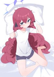 Rule 34 | absurdres, anma21, arms behind head, barefoot, bed, blue archive, blush, bow, closed mouth, dot mouth, expressionless, grey eyes, halo, head on pillow, highres, iroha (blue archive), long hair, on bed, pillow, red hair, shirt, shorts, sitting, tagme, white background, white shirt